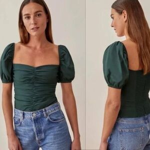 Reformation Shirt - Radish Top dark green ruched puff sleeve